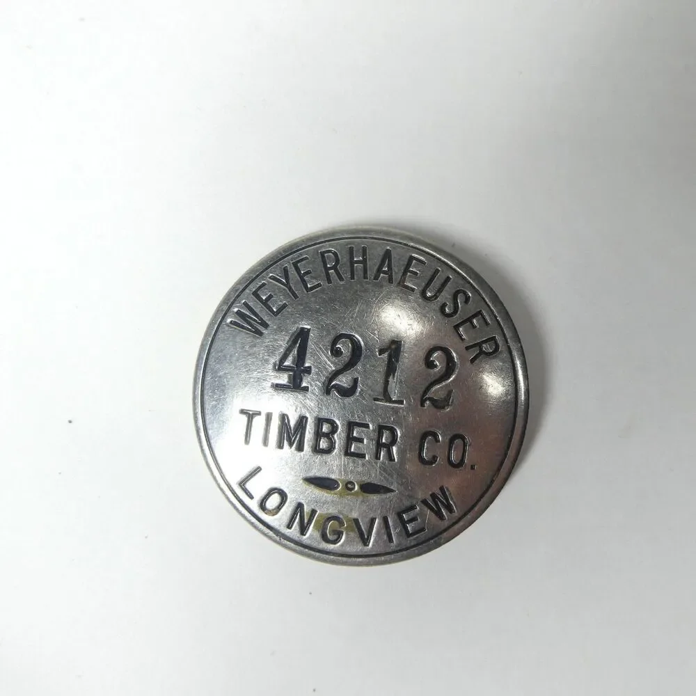 Weyerhauser Timber Co. Longview WA Employee Badge 4212 Vtg Silvertone Metal Pin